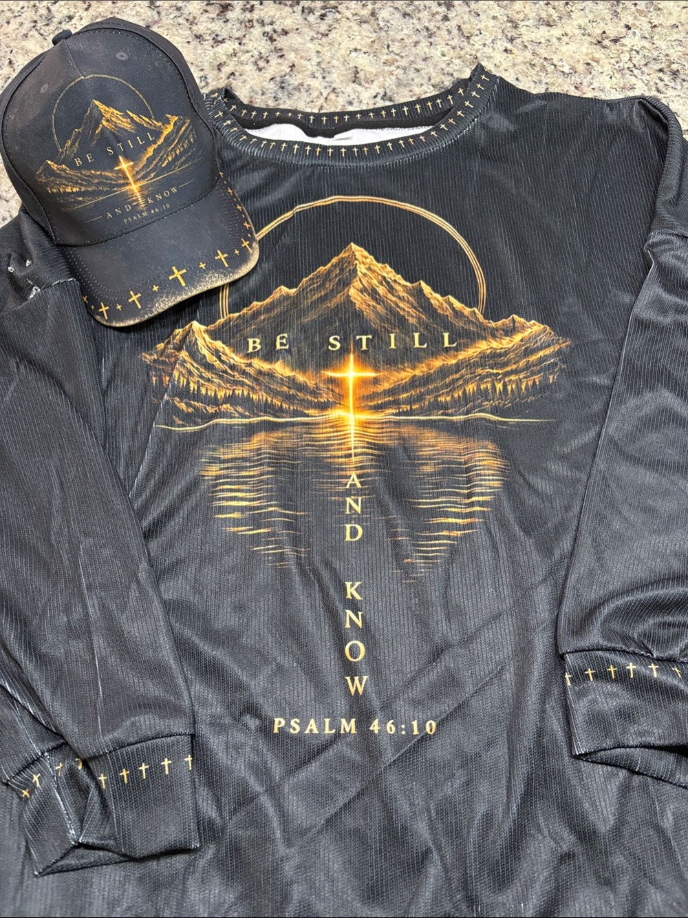 Be Still and Know Long-Sleeve Tee - Black with Gold Graphic